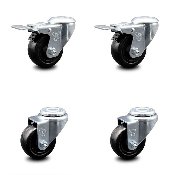 3 Inch Hard Rubber Wheel Swivel Bolt Hole Caster Set with 2 Total Lock Brake SCC